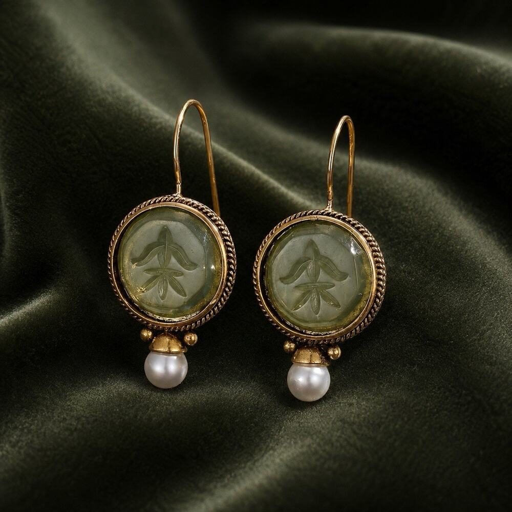 Intaglio Earrings Flower Boho Green Pearl Gold Cameo Art Museum Antique VTG